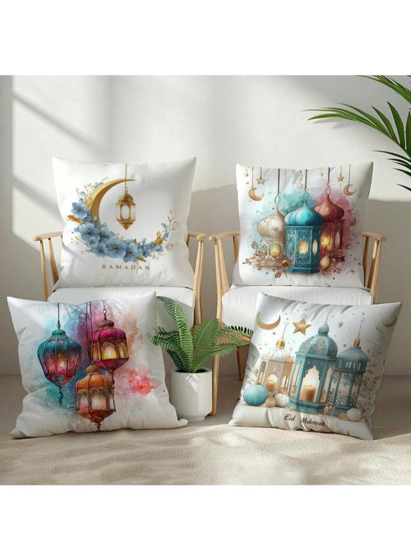 4 قطع طقم أغطية وسادة تزيينية لشهر رمضان الكريم والعيد، بتصميم مائي بسيط للقمر والفوانيس، من قماش الفلوت الناعم بألوان ساحرة، مقاس 45*45 سم، مناسبة للغرفة والأريكة وغرفة المعيشة وديكور رمضان والعيد - Image 1